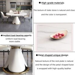 53 Inches White Round Marble Dining Table With 6 Chairs With Petal-Shaped Unique Design, Round Dining Table Set For 6-8 Petal PU Leather & Metal Base Adding Elegant Texture -Amazon Store 517IF1ml74L
