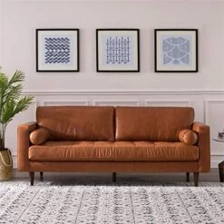 MAKLAINE 88" Top Grain Genuine Leather Tufted 3 Seater Sofa With Bolster Pillows, Mid Century Modern Lawson Style Couch With Excellent Craftsmanship, Camel Brown