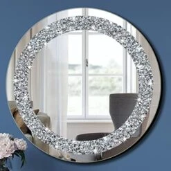 Crystal Crush Diamond Sparkly Round Silver Mirror For Wall Decoration 20x20x1 Inch Wall Hang Frameless Bling Stylish Gorgeous Glam Mirror Vanity Home Decor. -Amazon Store 517KYLToJ5L. AC
