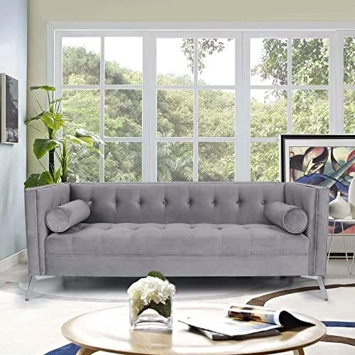 Wirrytor Mid-Century Velvet Chesterfield Sofa Couch, Modern Love Seats Sofa Furniture, Upholstered Button Tufted Couch With 2 Bolster Pillows For Living Room Apartment(Blue) 14 Wirrytor Mid-Century Velvet Chesterfield Sofa Couch, Modern Love Seats Sofa Furniture, Upholstered Button Tufted Couch With 2 Bolster Pillows For Living Room Apartment(Blue) - Image 12