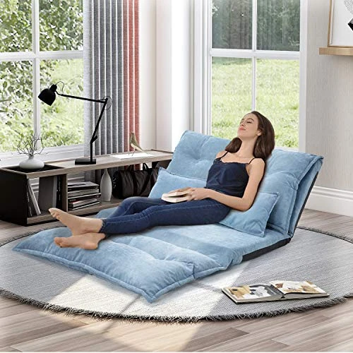 Harper & Bright Designs Floor Sofa Adjustable Lazy Sofa Bed, Foldable Mattress Futon Couch Bed With 2 Pollows (Blue) 5 Harper & Bright Designs Floor Sofa Adjustable Lazy Sofa Bed, Foldable Mattress Futon Couch Bed With 2 Pollows (Blue) - Image 3