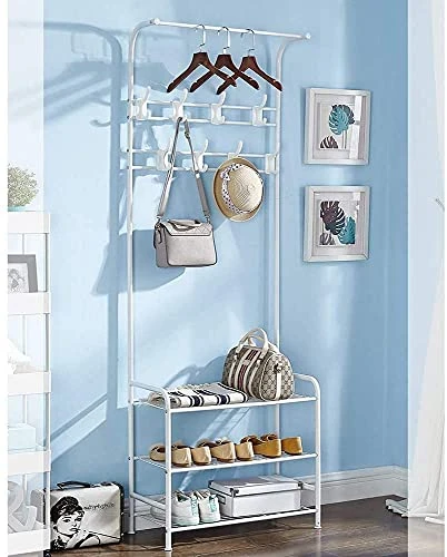Coat Rack Shoe Bench With 16 Hooks, Metal Entryway Storage Shelf Coat Rack Stand With 3-Tier Shoe Rack, Entryway Organiser Coat Hat Stand For Hall, 3-in-1 Hall Tree With Metal Frame, Easy Assembly 4 Coat Rack Shoe Bench With 16 Hooks, Metal Entryway Storage Shelf Coat Rack Stand With 3-Tier Shoe Rack, Entryway Organiser Coat Hat Stand For Hall, 3-in-1 Hall Tree With Metal Frame, Easy Assembly - Image 2