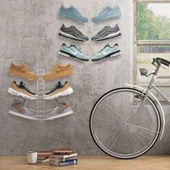 MDesign Modern Metal Shoe Organizer Display & Storage Shelf Rack - Adjustable Shelves Hang & Store Kicks, Running, Basketball, Tennis Shoes - 3 Tier, Each Wall Mount Unit Holds 6 Shoes, 2 Pack, Satin 12 MDesign Modern Metal Shoe Organizer Display & Storage Shelf Rack - Adjustable Shelves Hang & Store Kicks, Running, Basketball, Tennis Shoes - 3 Tier, Each Wall Mount Unit Holds 6 Shoes, 2 Pack, Satin -Amazon Store 517T5BTp3KL