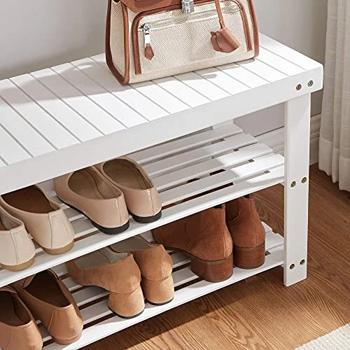 SONGMICS Shoe Bench Bundle With Coat Rack, 3-Tier Bamboo Shoe Rack, Wall Mounted Coat Rack, Wall Shelf With Hooks, For Entryway Closet Guest Room, White ULBS004W01 And ULHR42WT 4 SONGMICS Shoe Bench Bundle With Coat Rack, 3-Tier Bamboo Shoe Rack, Wall Mounted Coat Rack, Wall Shelf With Hooks, For Entryway Closet Guest Room, White ULBS004W01 And ULHR42WT - Image 2