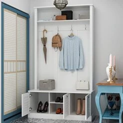ECACAD Hall Tree With Storage Bench & Doors, 3-in-1 Entryway Bench With Coat Rack, Tall Hall Tree With 4 Metal Hooks & Storage Shelf For Hallway, Living Room, White (41.3”W X 18.1”D X 74.8”H) -Amazon Store 517dGRukGpL