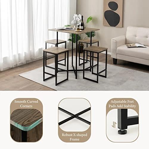 Giantex 5 Piece Dining Table Set, Industrial Kitchen Table Set W/ 4 Stools, Square Space-Saving Bar Table Set For Small Spaces, Apartment, Counter Height Table Sets W/Metal Frame (Natural & Black) 3 Giantex 5 Piece Dining Table Set, Industrial Kitchen Table Set W/ 4 Stools, Square Space-Saving Bar Table Set For Small Spaces, Apartment, Counter Height Table Sets W/Metal Frame (Natural & Black)