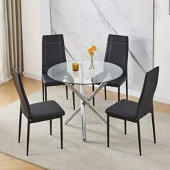 BELIFEGLORY Dining Table With Chairs Set, 5PCS Round Glass Table Set Modern Tempered Glass Top Table With 4 Velvet Chairs Dining Room Furniture -Amazon Store 517fZ1b3tLL. AC