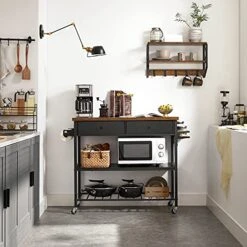 VASAGLE Kitchen Island, Kitchen Cart, 3-Tier Microwave Stand With 2 Drawers, Towel Bar, Spice Holder, 17.7 X 46.9 X 35.8 Inches, Rustic Brown And Black UKKI003B01 -Amazon Store 517fhz2gNVS
