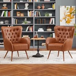 Yaheetech Leather Armchair, Deluxe And Modern Accent Chair Living Room Chair Single Sofa Chair Cozy With High Back And Pocket Coil Seat For Bedroom Home Office, Brown, Set Of 2