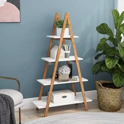 Knocbel 4-Tier Bamboo Ladder Shelf Storage Shelves Display Rack, Bookcase Plant Flower Pots Stand, 22 Lbs Capacity Of Each Tier, 31.49" L X 11.73" W X 53.54" H (White And Brown) -Amazon Store 517s1umDg4L