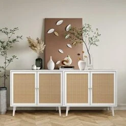 QHITTY Rattan Sideboard Buffet Cabinet, Accent Kitchen Storage Cabinet Console Table With Adjustable Shelves For Living Room, Dining Room, Bedroom (Natural) -Amazon Store 517zdFRucCL. AC