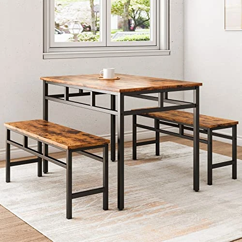 CALABASH Dining Room Table Set With 2 Benches, Industrial 3 Piece Dining Set For Home, Kitchen, Apartment And Small Space,Rustic Brown And Black Metal Frame 3 CALABASH Dining Room Table Set With 2 Benches, Industrial 3 Piece Dining Set For Home, Kitchen, Apartment And Small Space,Rustic Brown And Black Metal Frame