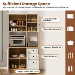 LOKO 71” Tall Kitchen Pantry Storage Cabinet, Freestanding Buffet Hutch With Doors, Adjustable Shelves, 3 Drawers And Microwave Stand, Kitchen Hutch For Dining Room, Living Room (White & Natural) -Amazon Store 5188lupKcYL