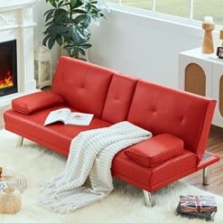 Recaceik Futon Sofa Bed Faux Leather Couch Convertible Folding Sleeper Sofa With Upholstered Removable Armrest Metal Leg And 2 Cupholders, Space Saving Furniture Couches For Living Room Apartment -Amazon Store 518AOjekwkL