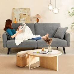 Yaak 74 Inch Grey Futon Sofa Bed, Convertible Couch Sleeper Sofa Bed, Adjustable Split-Backrest, With 2 Pillows, Modern Fabric Sleeper Loveseats For Small Spaces, Living Room, Bedroom, Apartment, Dorm -Amazon Store 518APxgGlRL