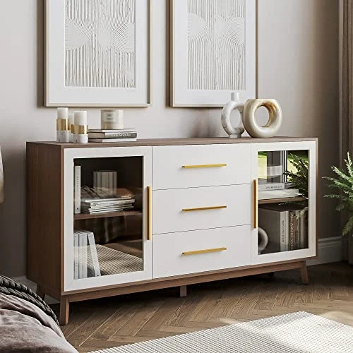 BELLEZE Sideboard Buffet Cabinet With 3 Drawers & 2 Doors, Console Table For Kitchen Glass Storage Cabinet Coffee Bar Accent Cabinet For Living Room Dining Room Hallway, White 4 BELLEZE Sideboard Buffet Cabinet With 3 Drawers & 2 Doors, Console Table For Kitchen Glass Storage Cabinet Coffee Bar Accent Cabinet For Living Room Dining Room Hallway, White - Image 2