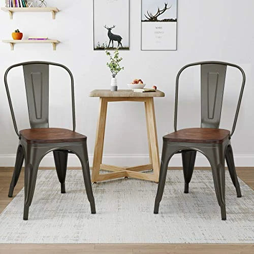 COSTWAY 18 Inch Dining Chair Set Of 4, Industrial Vintage Stackable Metal Chairs, Counter Bar Chairs With High Backrest, Wood Seat, For Home, Kitchen And Cafe Bar Use 5 COSTWAY 18 Inch Dining Chair Set Of 4, Industrial Vintage Stackable Metal Chairs, Counter Bar Chairs With High Backrest, Wood Seat, For Home, Kitchen And Cafe Bar Use - Image 3