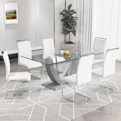 67" Glass Dining Room Table Set For 6,Big Modern Rectangular Tempered Glass Dining Table Top Thick 0.39",7 Piece Dining Table With 6 Pcs Leather Dining Chairs (Grey, One Table +6 Faux Leather Chair) -Amazon Store 518VeccRz2L. AC