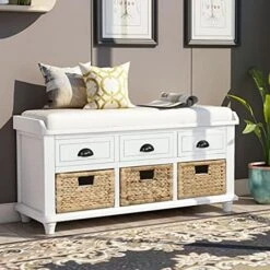 Storage Bench With 3 Basket Drawers, Rustic Entryway Bench/Shoe Bench With Cushioned Seat For Entryway, Hallway, Mudroom, Living Room (Off-White) 18 Storage Bench With 3 Basket Drawers, Rustic Entryway Bench/Shoe Bench With Cushioned Seat For Entryway, Hallway, Mudroom, Living Room (Off-White) -Amazon Store 518aSeHWQS. AC