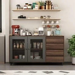 AIEGLE Large Kitchen Hutch Storage Cabinet, Pantry Cabinets With Hutch, Freestanding Cupboard With 4 Doors, 4 Drawers & Microwave Shelf, Kitchen Storage Buffet, Dark Walnut (63" W X 15.7" D X 74.8" H) -Amazon Store 518eSsrZQGL. AC