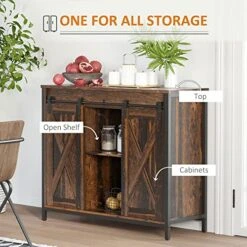 HOMCOM Industrial Buffet Cabinet, Sideboard, Coffee Bar Table With Sliding Barn Doors, Storage Cabinets And Adjustable Shelves For Living Room, Kitchen, Home Bar, Rustic Brown -Amazon Store 518kF23TjiL