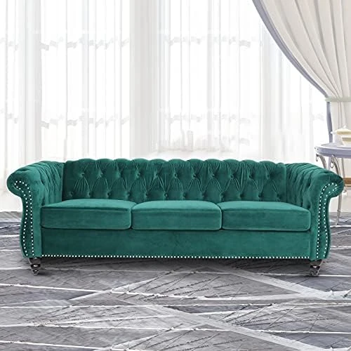 NOSGA Modern Chesterfield Fabric 3 Seater Couch Furniture, Deep Button Tufted Chesterfield Velvet Sofa With Scroll Arms, Upholstery Nailhead Trim Sofa Couches For Living Room(Green) 8 NOSGA Modern Chesterfield Fabric 3 Seater Couch Furniture, Deep Button Tufted Chesterfield Velvet Sofa With Scroll Arms, Upholstery Nailhead Trim Sofa Couches For Living Room(Green) - Image 6
