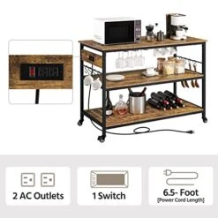 Yaheetech Kitchen Island With Power Outlet, Rolling Kitchen Cart With Wine Rack & Glass Holder & Hooks, Coffee Station Microwave Stand Wine Rack Table For Kitchen/Dinning Room, Rustic Brown -Amazon Store 518moqpXrdL