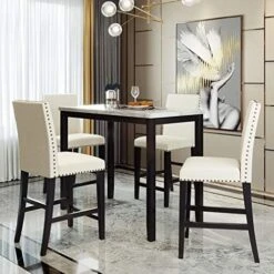 Merax 5-Piece Wooden Dining Set, Faux Marble Top Counter Height Dining Room Table And 4 PU Leather-Upholstered Dining Chairs With Footrest, Beige 14 Merax 5-Piece Wooden Dining Set, Faux Marble Top Counter Height Dining Room Table And 4 PU Leather-Upholstered Dining Chairs With Footrest, Beige -Amazon Store 518qGSWIZL. AC