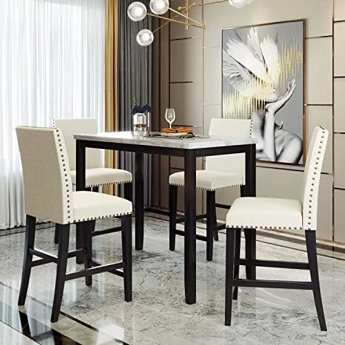 Merax 5-Piece Wooden Dining Set, Faux Marble Top Counter Height Dining Room Table And 4 PU Leather-Upholstered Dining Chairs With Footrest, Beige 8 Merax 5-Piece Wooden Dining Set, Faux Marble Top Counter Height Dining Room Table And 4 PU Leather-Upholstered Dining Chairs With Footrest, Beige - Image 6