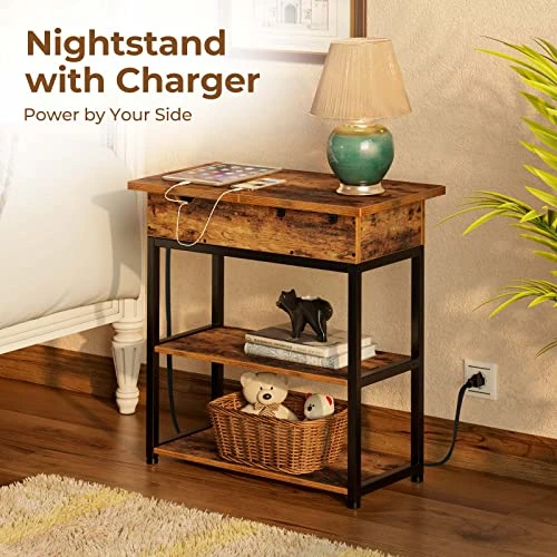 Rolanstar End Table With Charging Station, Narrow Nightstand, Flip Top Side Table With USB Ports And Storage Shelves For Small Spaces, Living Room, Bedroom (Rustic Brown) 5 Rolanstar End Table With Charging Station, Narrow Nightstand, Flip Top Side Table With USB Ports And Storage Shelves For Small Spaces, Living Room, Bedroom (Rustic Brown) - Image 3