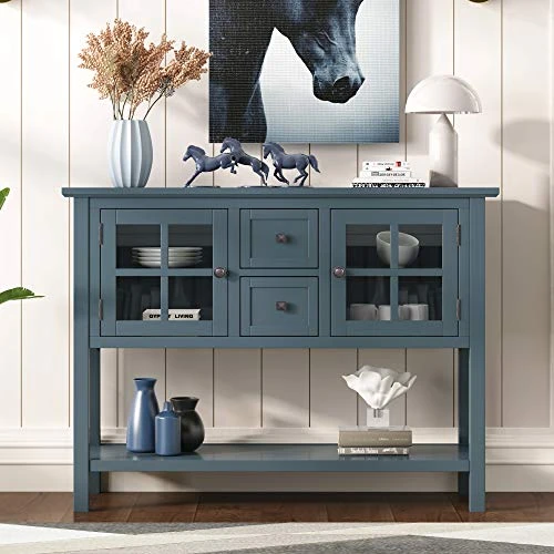 LUMISOL Rustic Buffet Sideboard Table Console Table, Kitchen Cabinet With Two Drawers, Two Cabinets And 1 Shelf For Living Room (Blue) 5 LUMISOL Rustic Buffet Sideboard Table Console Table, Kitchen Cabinet With Two Drawers, Two Cabinets And 1 Shelf For Living Room (Blue) - Image 3
