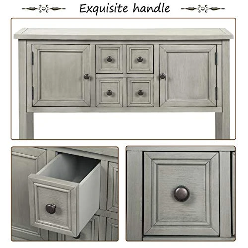 Merax Farmhouse Rustic Wood Buffet Dining Sideboard Storage Cabinet, Console Table With 4 Small Drawers, 2 Cabinet And Bottom Shelf, Antique Grey 6 Merax Farmhouse Rustic Wood Buffet Dining Sideboard Storage Cabinet, Console Table With 4 Small Drawers, 2 Cabinet And Bottom Shelf, Antique Grey - Image 4