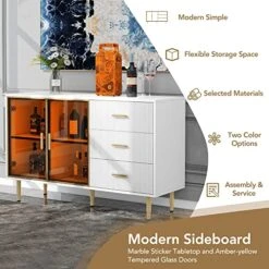 Modern Sideboard Buffet, Kitchen Storage Cabinet With Marble Veneer Top And Amber Tempered Glass Doors, Gold Metal Legs And Handles, Wine Cooler For Bar, Dining Room, Hallway, White -Amazon Store 518vutkid8L