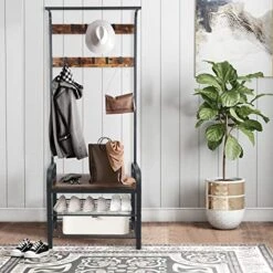 Entryway Coat Rack With Shoe Storage, Hall Tree With Bench, Coat Rack With 9 Removable Hooks And A Hanging Rod, Entryway Shoe Rack Organizer With Metal Frame 28.1*13.7*72.1 Inches (Rustic Brown) -Amazon Store 519PJ1hPE0L