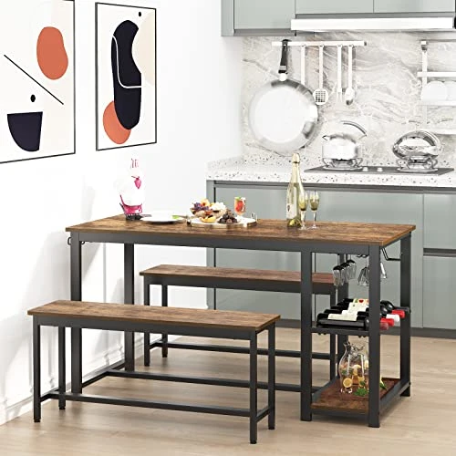 SogesHome 3-Piece Kitchen Dining Table Set, Table Bench Set For 4, Breakfast Nook Table With Wine Rack And Glass Holder, Space-Saving Table Set For Restaurant, Coffee Shop, Living Room 4 SogesHome 3-Piece Kitchen Dining Table Set, Table Bench Set For 4, Breakfast Nook Table With Wine Rack And Glass Holder, Space-Saving Table Set For Restaurant, Coffee Shop, Living Room - Image 2