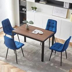 NORDICANA 5-Piece Dining Table Set, 47 In Modern Walnut Color Rectangle Kitchen Table & 4 Navy Blue Velvet Upholstery Side Chairs, Solid Metal Legs, Dining Room Set For 4