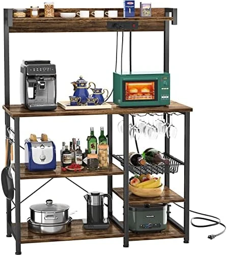 Topfurny Bakers Rack With Power Outlet, Microwave Stand, Kitchen Storage Shelf With Wire Basket, Coffee Bar Station With Wine Glass Holder, Kitchen Rack For Spices, Pots, And Pans, Rustic Brown 9 Topfurny Bakers Rack With Power Outlet, Microwave Stand, Kitchen Storage Shelf With Wire Basket, Coffee Bar Station With Wine Glass Holder, Kitchen Rack For Spices, Pots, And Pans, Rustic Brown - Image 7