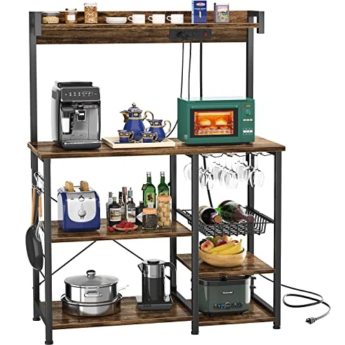 Topfurny Bakers Rack With Power Outlet, Microwave Stand, Kitchen Storage Shelf With Wire Basket, Coffee Bar Station With Wine Glass Holder, Kitchen Rack For Spices, Pots, And Pans, Rustic Brown 3 Topfurny Bakers Rack With Power Outlet, Microwave Stand, Kitchen Storage Shelf With Wire Basket, Coffee Bar Station With Wine Glass Holder, Kitchen Rack For Spices, Pots, And Pans, Rustic Brown