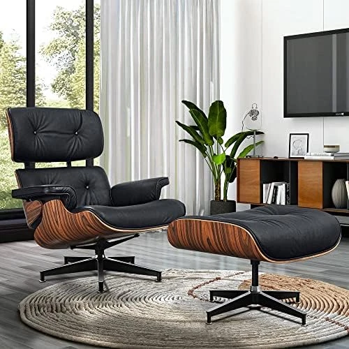 GENERIC Mid Century Lounge Chair With Ottoman, Genuine Leather Classic Modern Chair With 8-Layer Palisander Wood And Aluminum Base For Living Room Office Study Lounge (Palisander And White, Standard Size) 11 GENERIC Mid Century Lounge Chair With Ottoman, Genuine Leather Classic Modern Chair With 8-Layer Palisander Wood And Aluminum Base For Living Room Office Study Lounge (Palisander And White, Standard Size) - Image 9