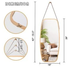 Wall Hanging Mirror, Rectangle Wall-Mounted Bamboo Mirror, Modern Aluminum Mirror With Bamboo Frame & Adjustable Strap, For Living Room Bedroom Bathroom Dining Room Entryway (39” X 18”) -Amazon Store 519rcPnpMKL