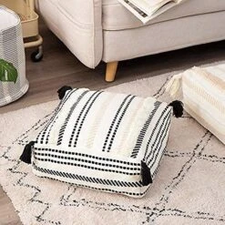 MOCOFO Cotton Woven Tassel Footstool Boho Square Unstuffed Pouf Cover For Living Room, Bedroom(Black Strips, 17.7×17.7×15.7") -Amazon Store 519sStsdSiL