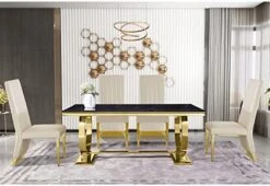 Anewsun 5 Pieces Black Gold Dining Table Set, Black Texture Top Dining Room Table With 4 White Leather Upholstered Chairs, 72" Rectangular Dining Table Set For 4 -Amazon Store 519vj8x6xVL. AC