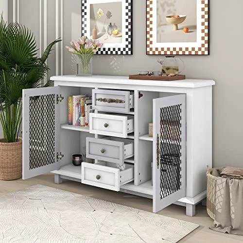 Harper & Bright Designs Storage Cabinet, Kitchen Sideboard Multifunctional Buffet Cabinet With 4 Drawers, Mesh Metal Doors With Adjustable Shelves And Wineglass Holders, White 9 Harper & Bright Designs Storage Cabinet, Kitchen Sideboard Multifunctional Buffet Cabinet With 4 Drawers, Mesh Metal Doors With Adjustable Shelves And Wineglass Holders, White - Image 7