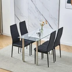 Ansley&HosHo Small Kitchen Table And Chairs Set For 2, 3-Piece Modern Glass Dining Room Table Set, Black Square Kitchen Table And 2 Black Leather Chairs For Home, Living Room, Dinette, Restaurant -Amazon Store 51A3HP9mxNL. AC