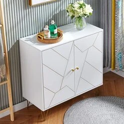 Ansley&HosHo-US White Sideboard Storage Cabinet, Modern Buffet Console Table Cupboard With 2 Doors For Kitchen Living Room Dining Room Entry Hallway Furniture, Credenza Sideboard Buffet Organizer -Amazon Store 51A43bDI69L