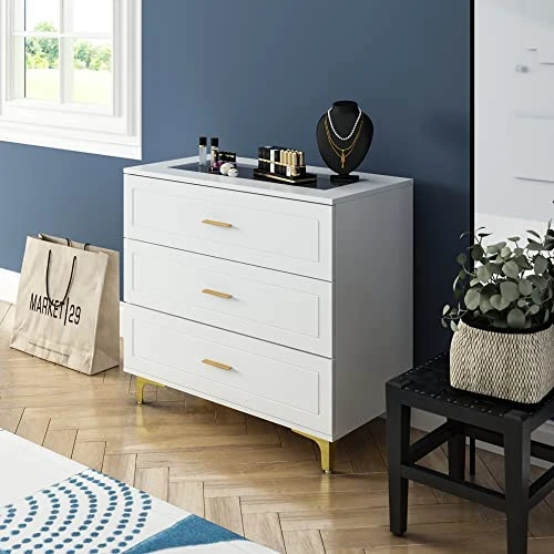 Homsee Modern Dresser Storage Chest With 3 Drawers, Glass Top & Jewelry Organizer, Wood Dresser Chest With Metal Legs For Bedroom, Living Room & Hallway, White (31.5”L X 15.7”W X 28.7”H) 4 Homsee Modern Dresser Storage Chest With 3 Drawers, Glass Top & Jewelry Organizer, Wood Dresser Chest With Metal Legs For Bedroom, Living Room & Hallway, White (31.5”L X 15.7”W X 28.7”H) - Image 2