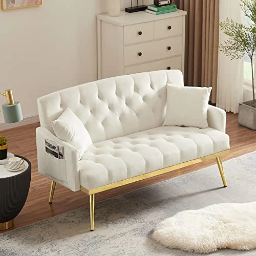 Antetek Upholstered Velvet Loveseat Sofa, Modern Small Sofa Couch With Side Pocket And Golden Metal Legs, Tufted Leisure Sofa For Living Room, Bedroom, Office, Light Beige 9 Antetek Upholstered Velvet Loveseat Sofa, Modern Small Sofa Couch With Side Pocket And Golden Metal Legs, Tufted Leisure Sofa For Living Room, Bedroom, Office, Light Beige - Image 7