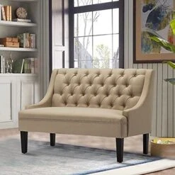 Yongqiang Modern Settee Bench For Dining Room Entryway Upholstered Banquette Button Tufted Loveseat With Wood Legs Khaki
