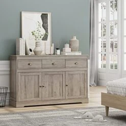 Keyluv Buffet Cabinet Storage Kitchen Cabinet Sideboard Farmhouse Buffet Server Bar Wine Cabinet With 3 Drawers & 3 Doors Adjustable Shelves Console Table For Dining Living Room Cupboard, Grey Wash -Amazon Store 51AGzPqiPnL