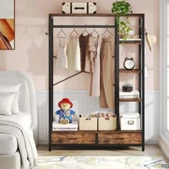 LITTLE TREE Free-standing Closet Organizer, 79" Coat Rack With 2 Drawers, Hall Tree With Hooks And Shelves, Industrial Garment Rack For Entryway, Bedroom, Living Room -Amazon Store 51AKadsLaAL